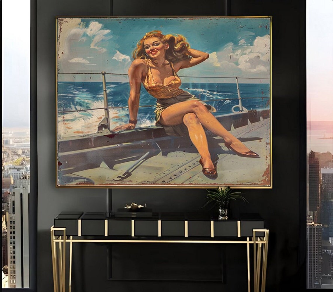 Blonde Pinup Girl Lounging on a Ship Railing Vintage Style Poster