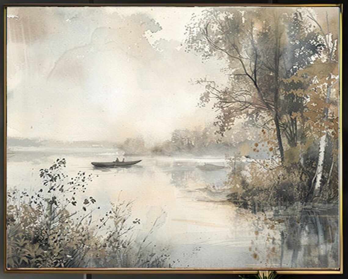 Misty Gray Morning Lake Scene with a Lone Boat Watercolor Poster - Image 2