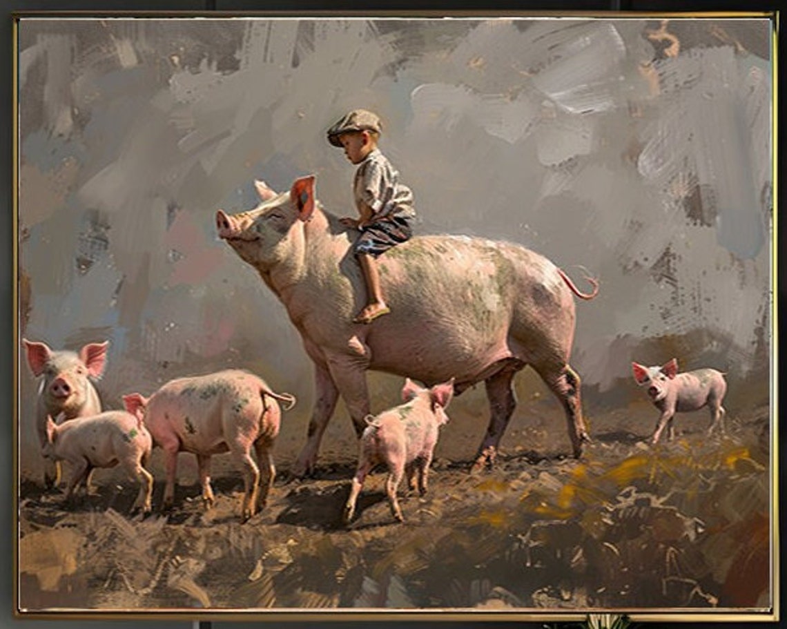 Boy Riding a Big Sow with Piglets on a Rustic Farm Painting Poster - Image 2