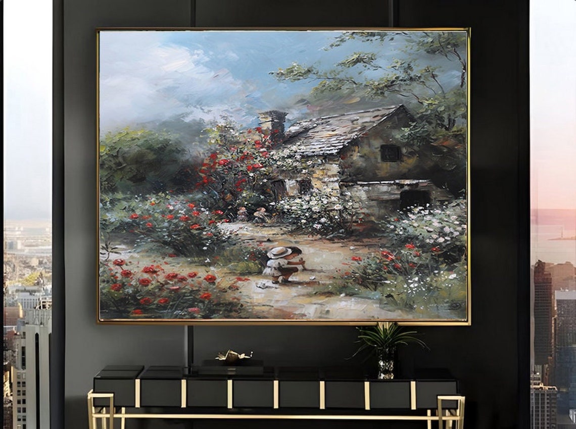 Two Children Playing in Stone Cottage Garden Red Rose Bushes Poster