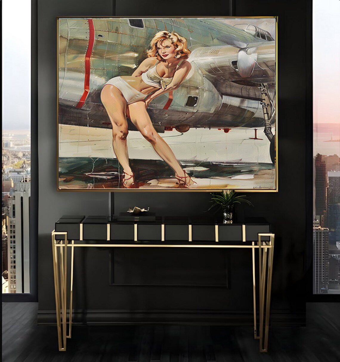 Blonde Pinup Girl Leaning Against an Airplane Vintage Poster - Image 2