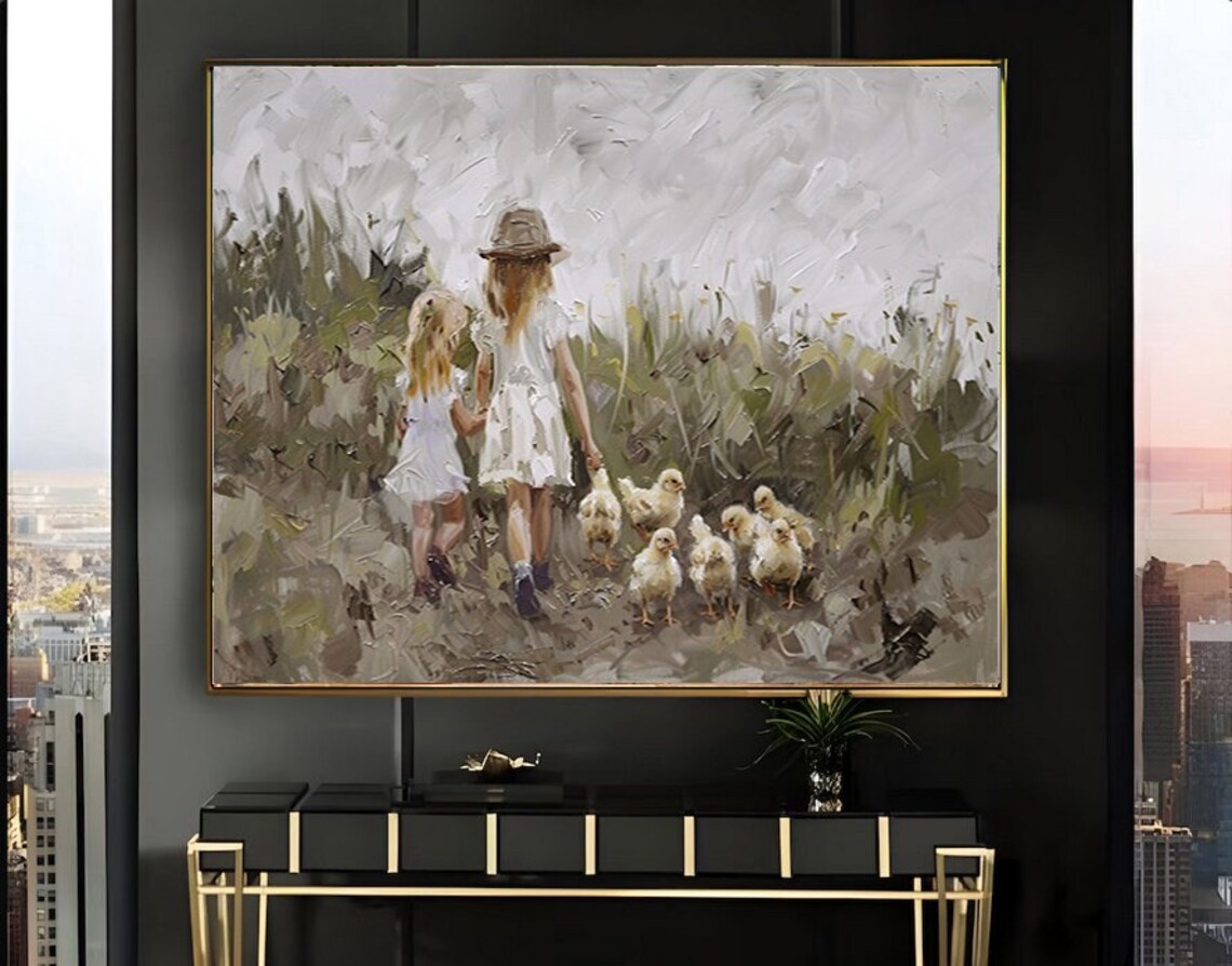 Two Girls Seen from Behind with Baby Ducklings in Field Poster