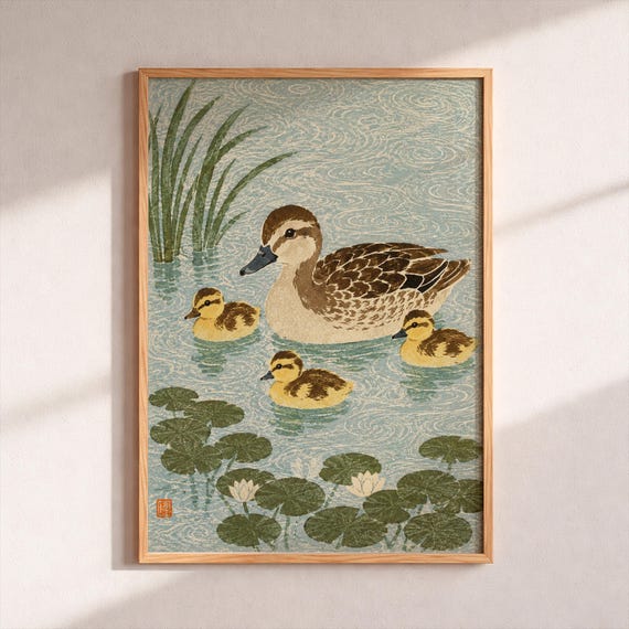 Japanese Duck Art Print Vintage Duckling Pond Poster Woodblock Bird Illustration Farmhouse Nursery Wall Decor Nature
