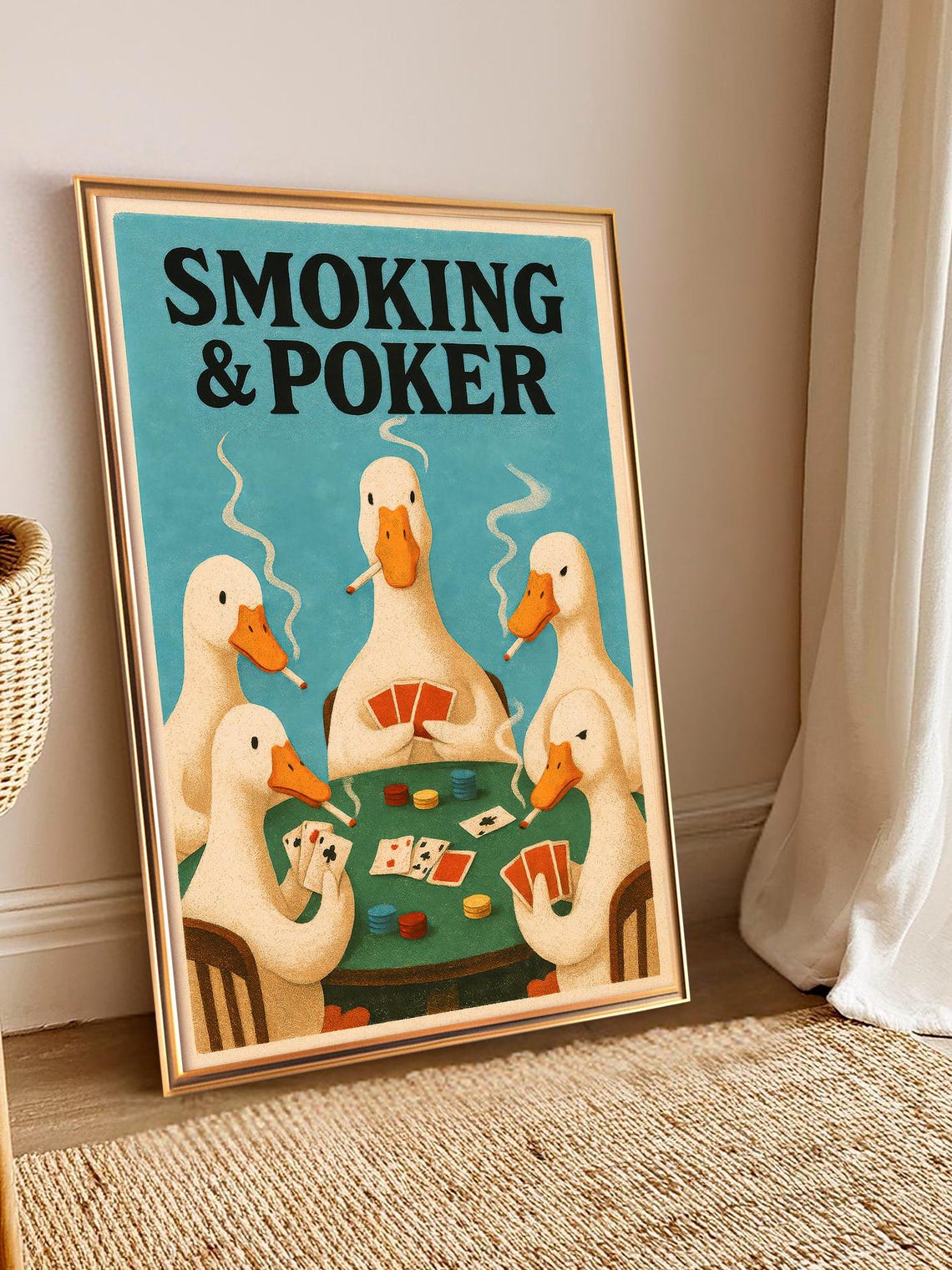 Smoking And Poker Ducks Playing Cards Game Room Funny Poster