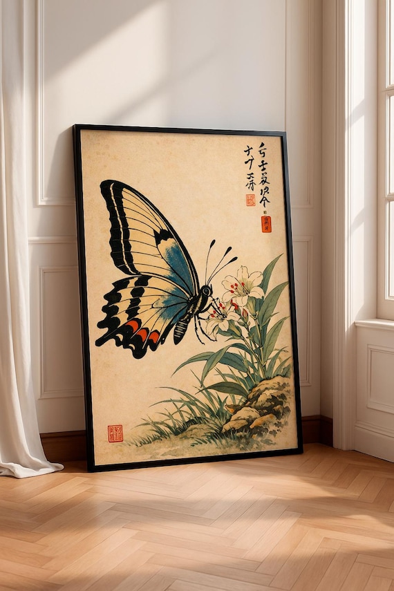 Japanese Butterfly Poster Wall Art Ukiyoe Print Nature Decor Vintage Home Zen Aesthetic