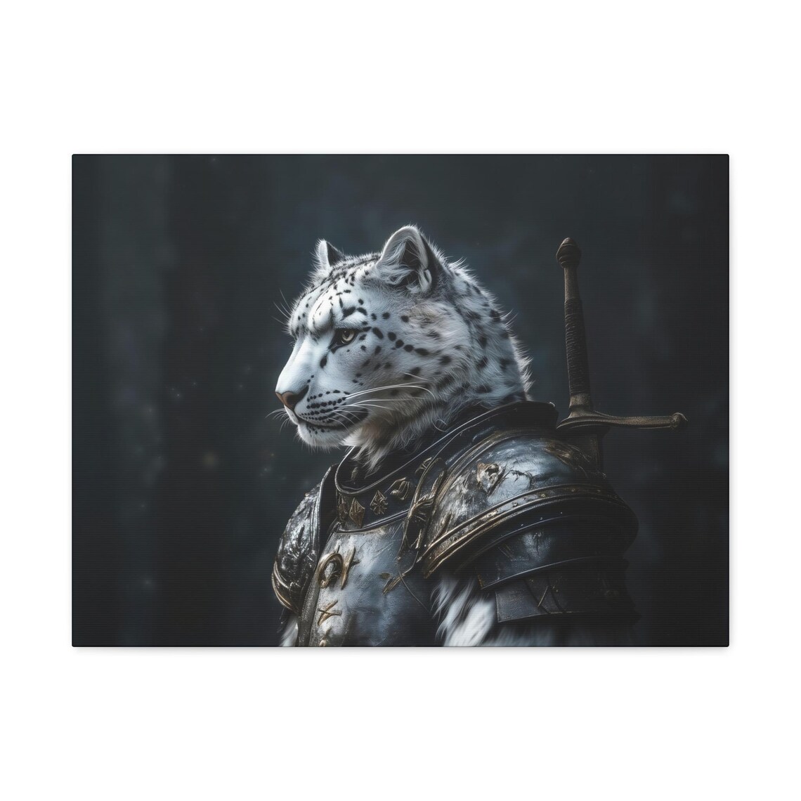 Snow Leopard Warrior in Ornate Medieval Armor with Sword Dramatic Poster - Image 3