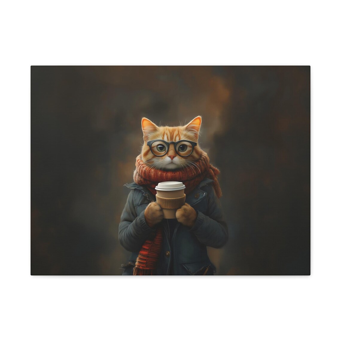 Orange Tabby Cat Glasses Holding Coffee Cozy Winter Animal Portrait Poster - Image 2