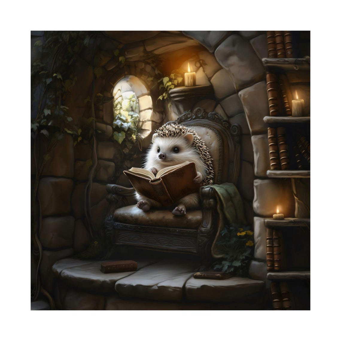 Cute Hedgehog Reading In A Vintage Library Cozy Book Lover Poster - Image 3