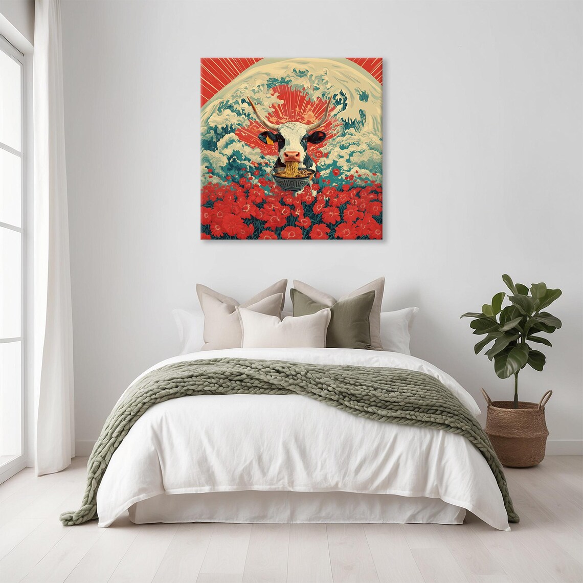 Cow Eating Ramen Japanese Rising Sun Wave Art Bold Red Floral Poster