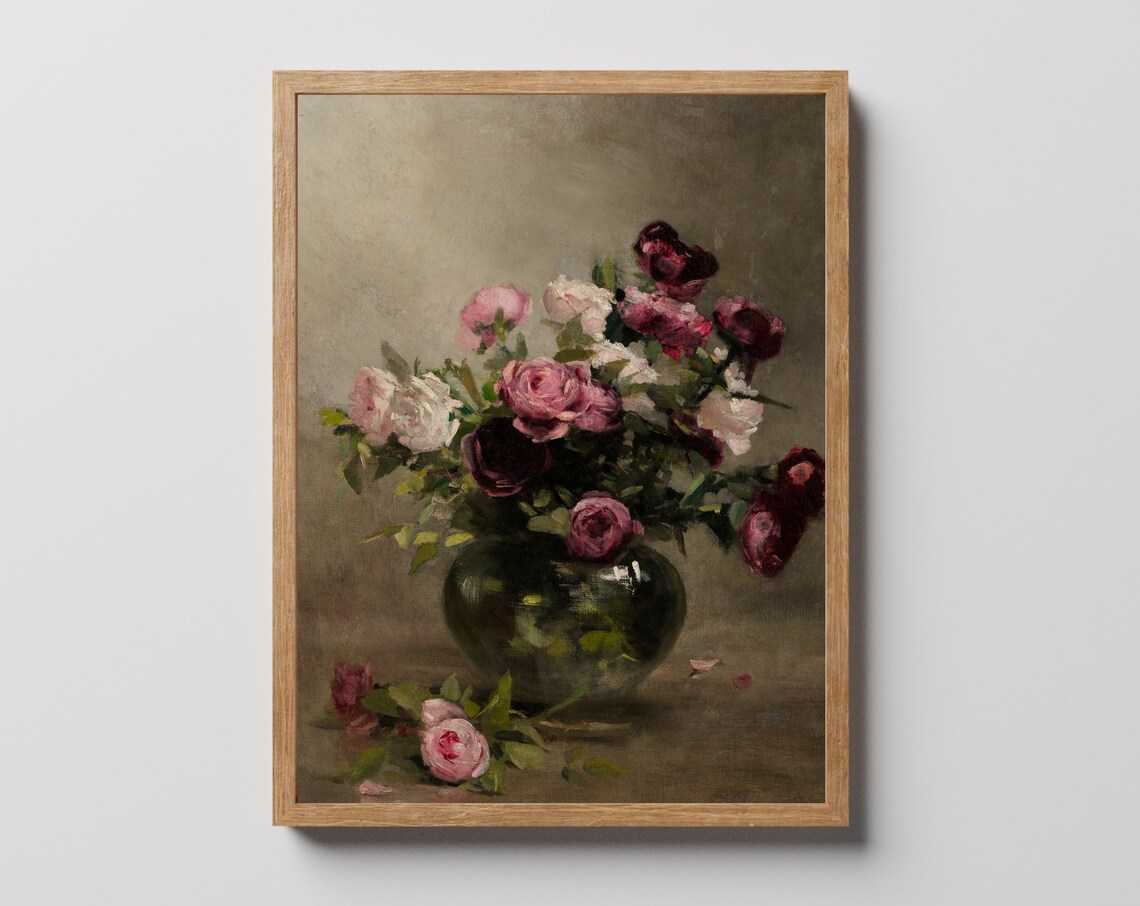 Pink and Burgundy Roses in a Dark Vase Moody Oil Painting Poster - Image 4