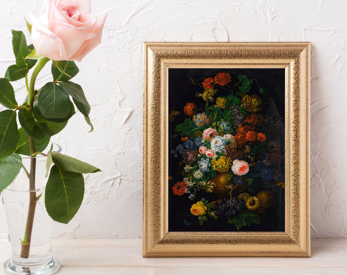 Colorful Bouquet in a Brass Vase With Grapes Dark Floral Poster - Image 3
