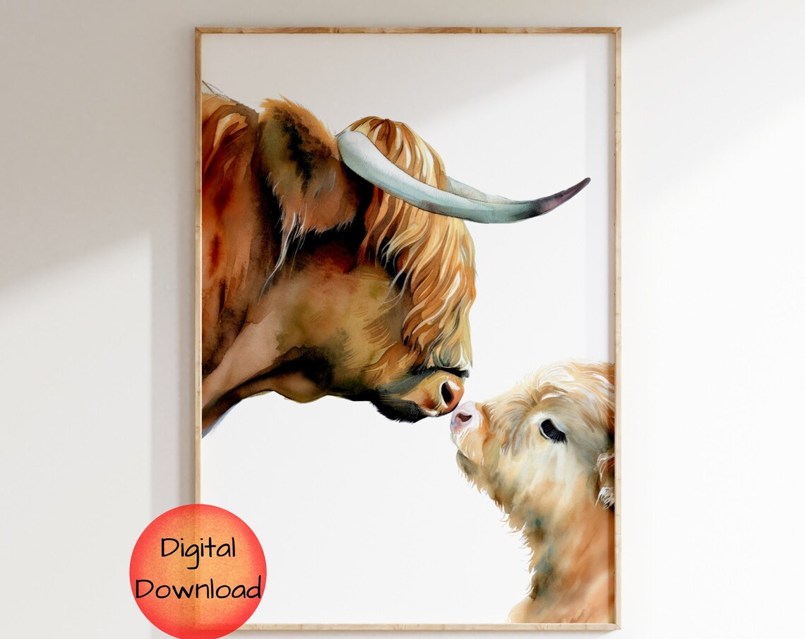 Highland Cow Mom and Baby Watercolor Art Print