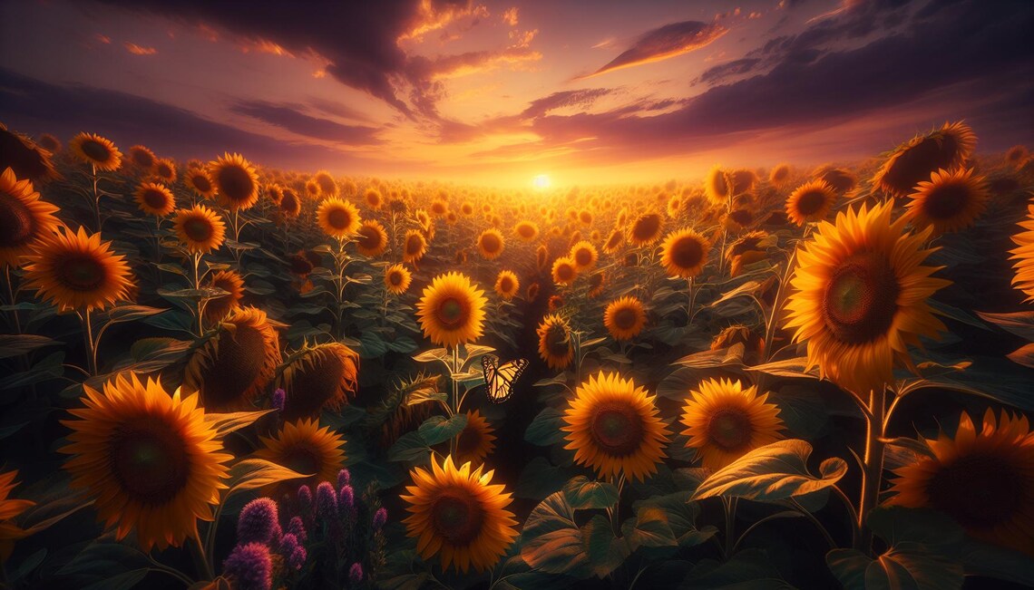 Golden Sunflower Field Sunset Butterfly Photography Art Poster