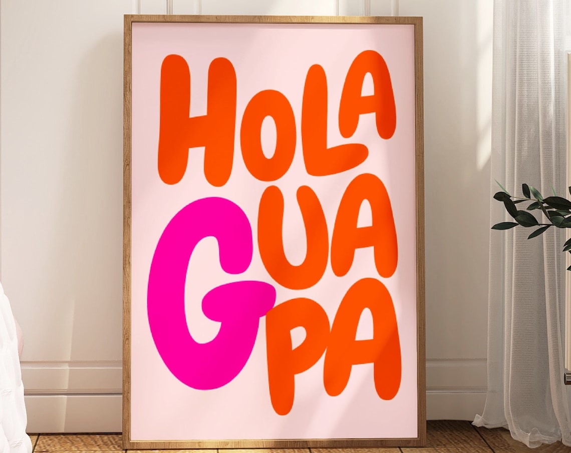 Hola Guapa Quote Poster, Retro Pink Orange Decor