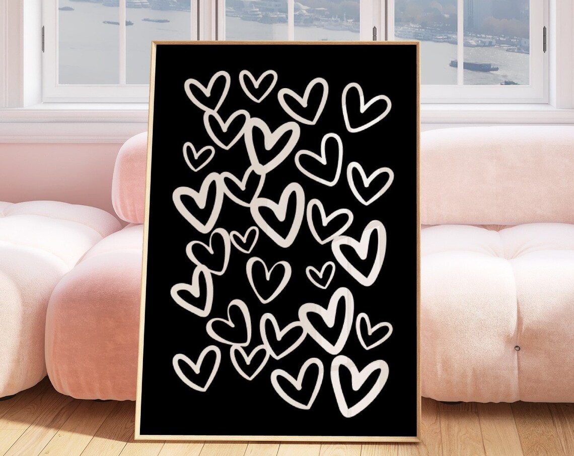 White Hearts Black Background Poster Minimalist Love Doodle Room Decor