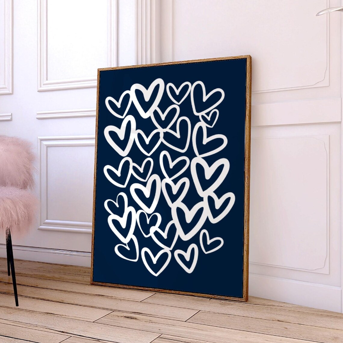 Hand Drawn White Hearts on Navy Blue Preppy Dorm Room Poster