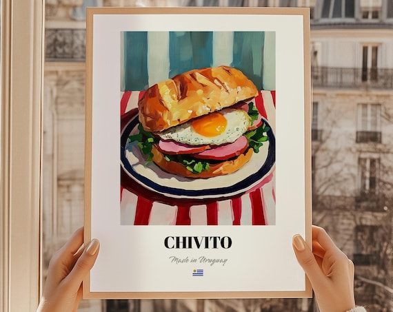 Chivito Uruguayan Sandwich Egg Ham Food Painting Kitchen Wall Art