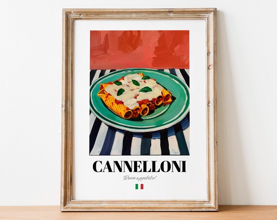 Italian Cannelloni Baked Pasta Poster Cheesy Teal Plate Kitchen Decor