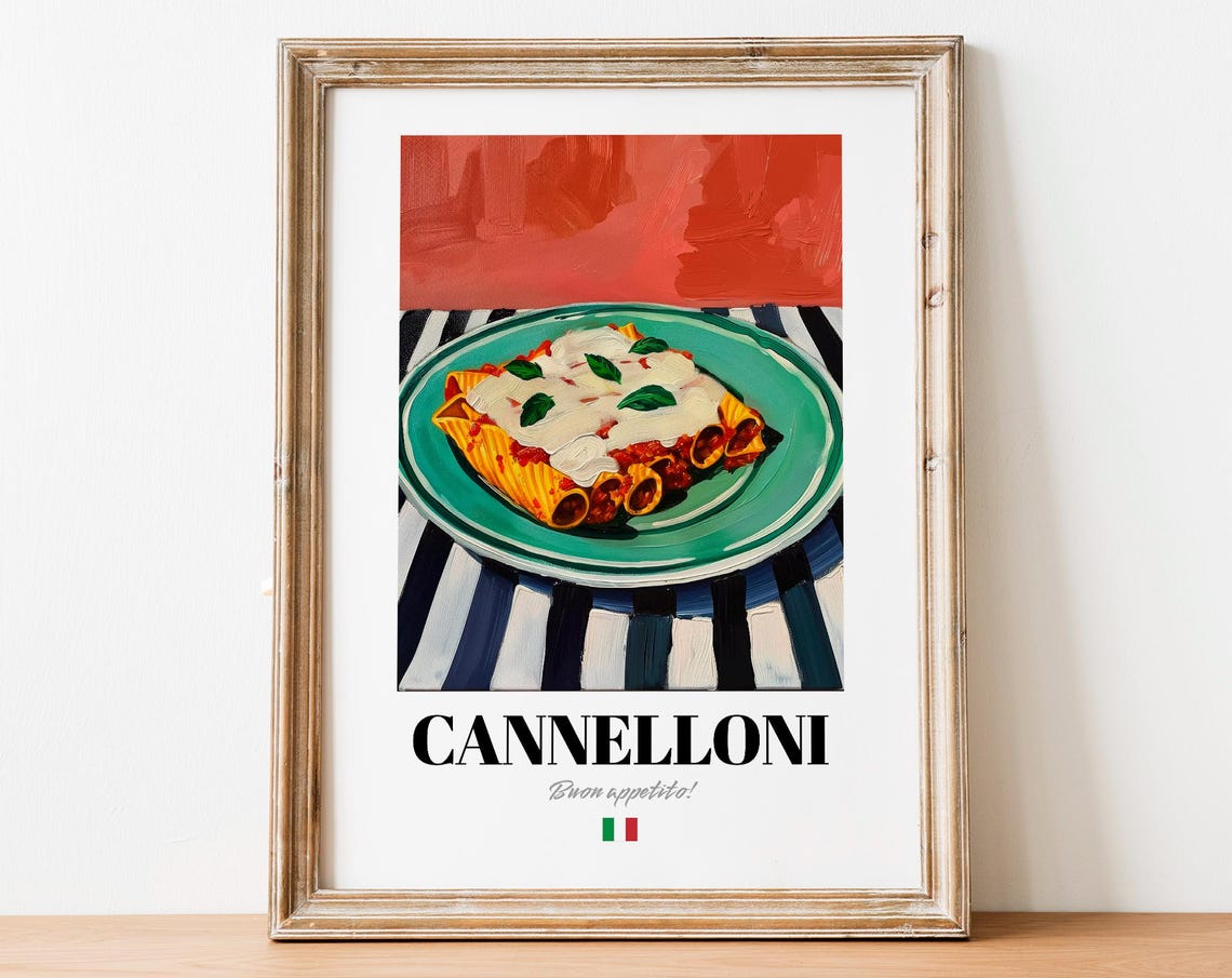 Italian Cannelloni Baked Pasta Poster Cheesy Teal Plate Kitchen Decor