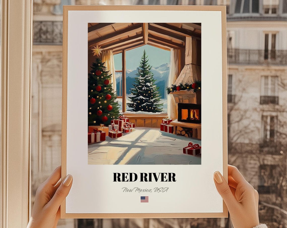 Red River New Mexico USA Christmas Cabin Window Scene Poster