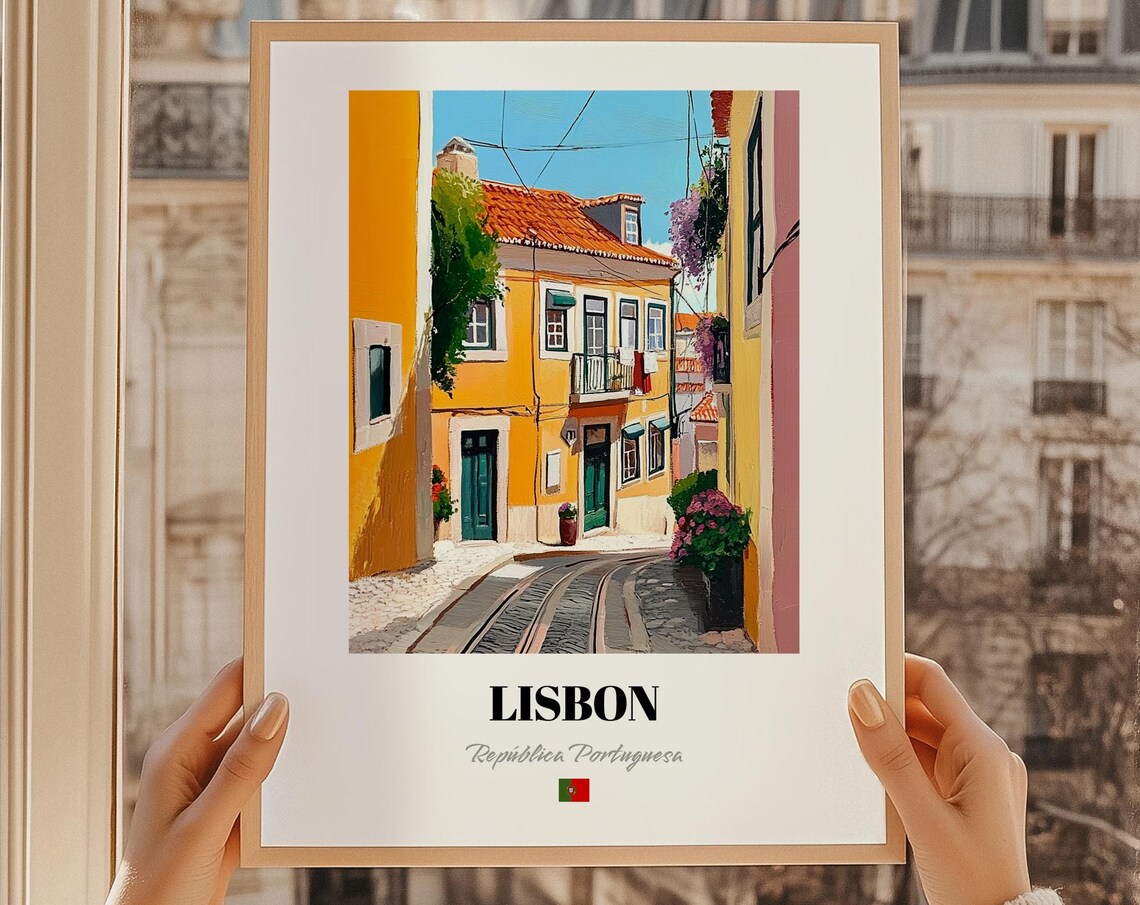 Lisbon Portugal Tram Tracks Old Street Oil Painting Travel Poster