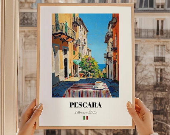 Pescara Italy Seaside Alley Coffee Cup Oil Painting Style Travel Poster