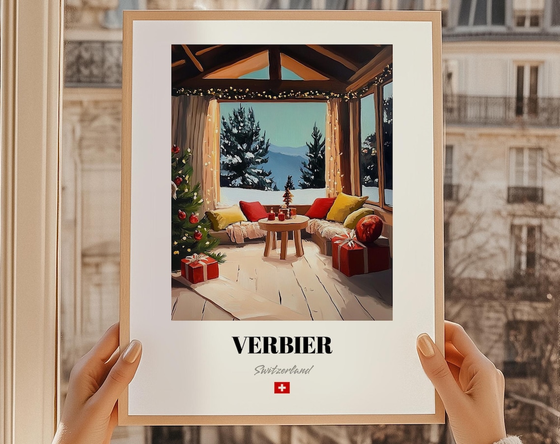 Verbier Switzerland Cozy Christmas Cabin Living Room Mountain View Poster
