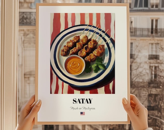 Satay Malaysian Grilled Skewers Peanut Sauce Food Illustration Kitchen Poster