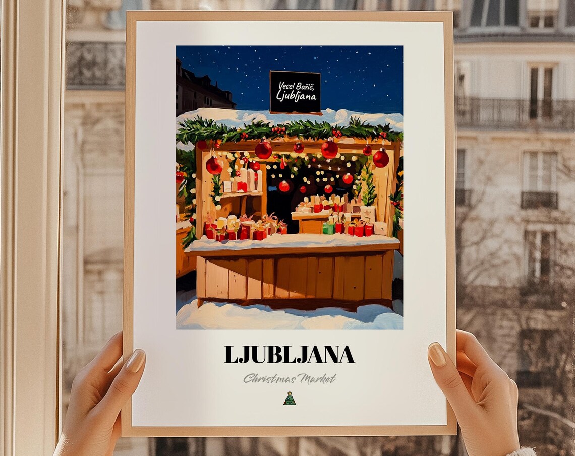 Ljubljana Slovenia Christmas Market Night Stall Gifts Art Poster