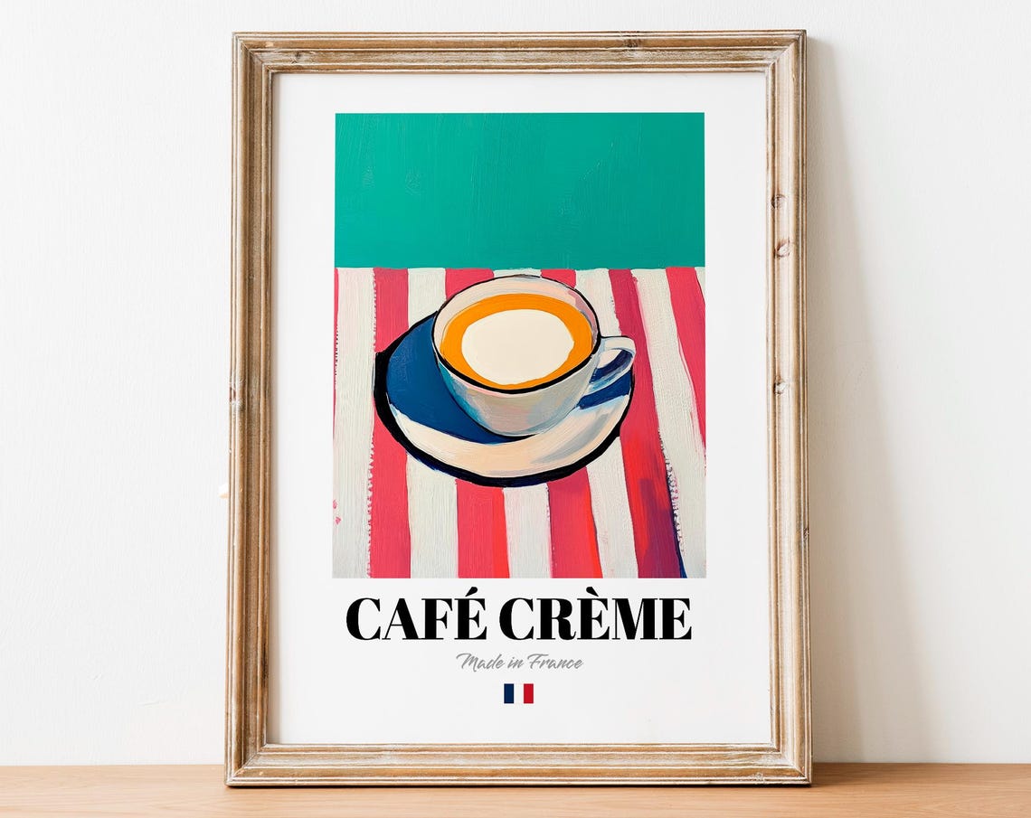 Cafe Creme Coffee Cup on Red Stripes French Bistro Art Poster