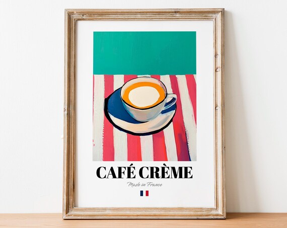 Cafe Creme Coffee Cup on Red Stripes French Bistro Art Poster