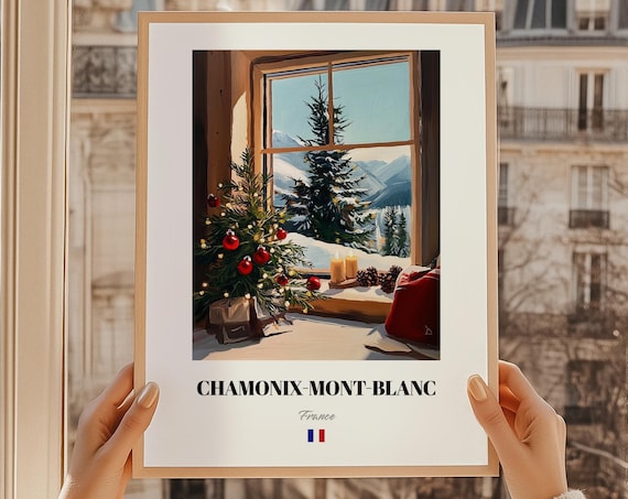 Chamonix Mont Blanc France Christmas Window Ski Poster Holiday Decor Gift