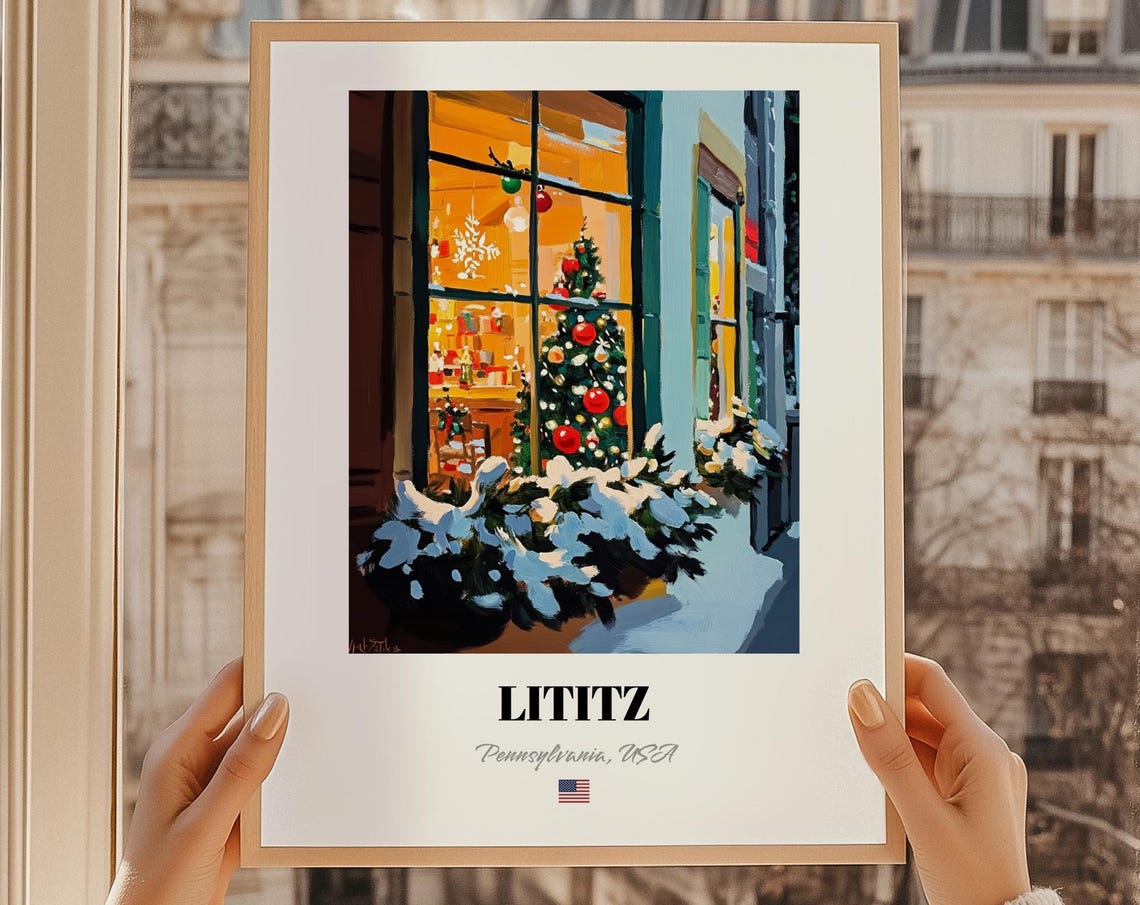 Lititz Pennsylvania Snowy Christmas Storefront Holiday Poster