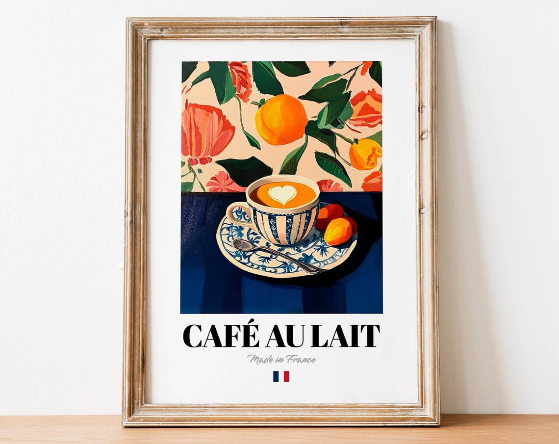 Vintage Caf Au Lait Cup Print Poster Boho Coffee Art For Homes And Cafs