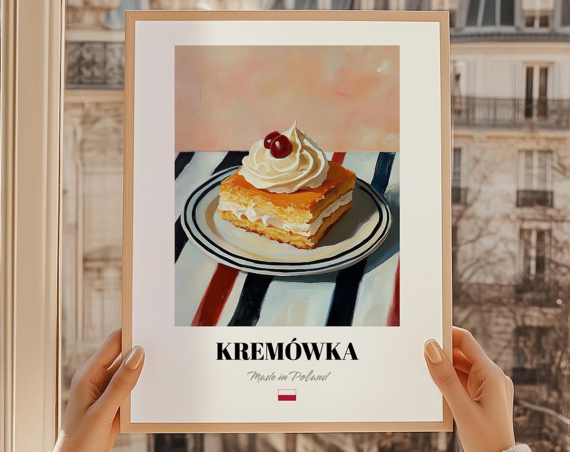 Kremowka Polish Cream Cake Slice with Cherries Dessert Food Art Poster