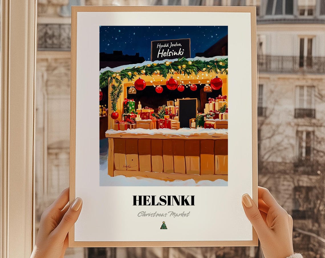 Helsinki Finland Christmas Market Wall Art Print Poster Joululahja Hyv Joulua