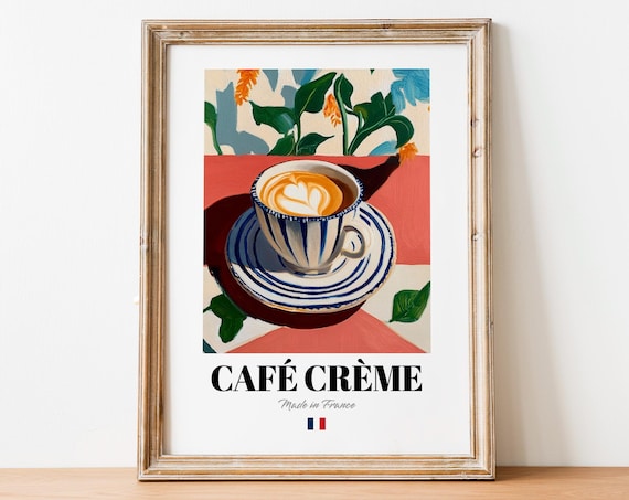 Cafe Creme French Latte Art Coffee Cup on Colorful Stripes Poster