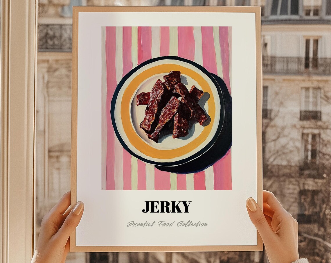 Beef Jerky Essential Food Collection Poster Retro Kitchen Savory Snack Artwork