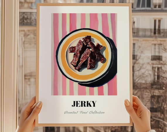 Beef Jerky Essential Food Collection Poster Retro Kitchen Savory Snack Artwork