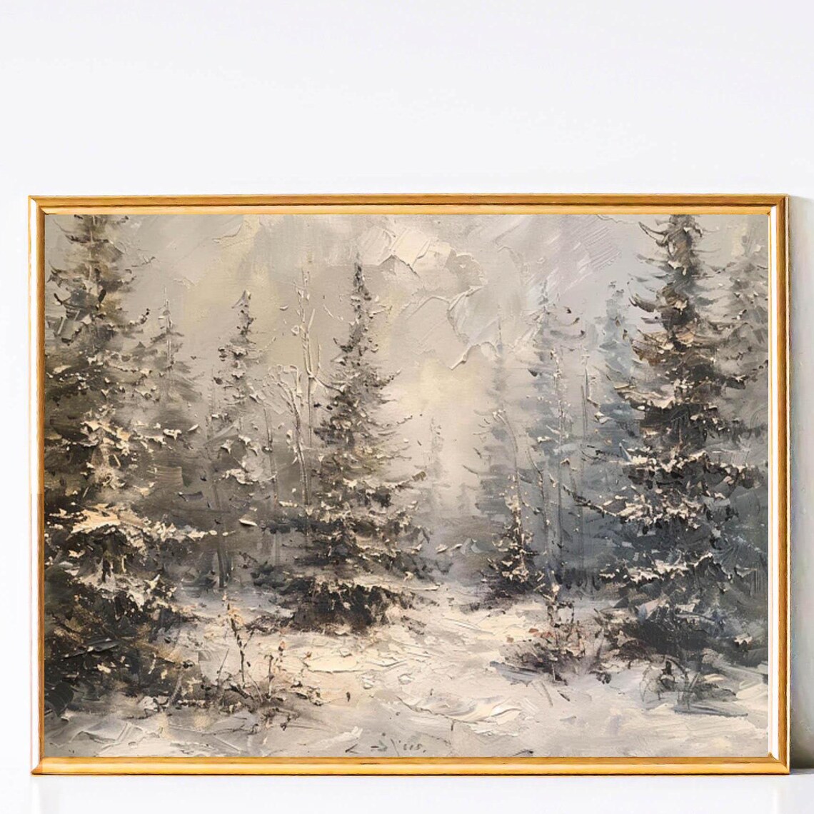 Misty Snowy Pine Forest Neutral Tones Textured Oil Painting Poster