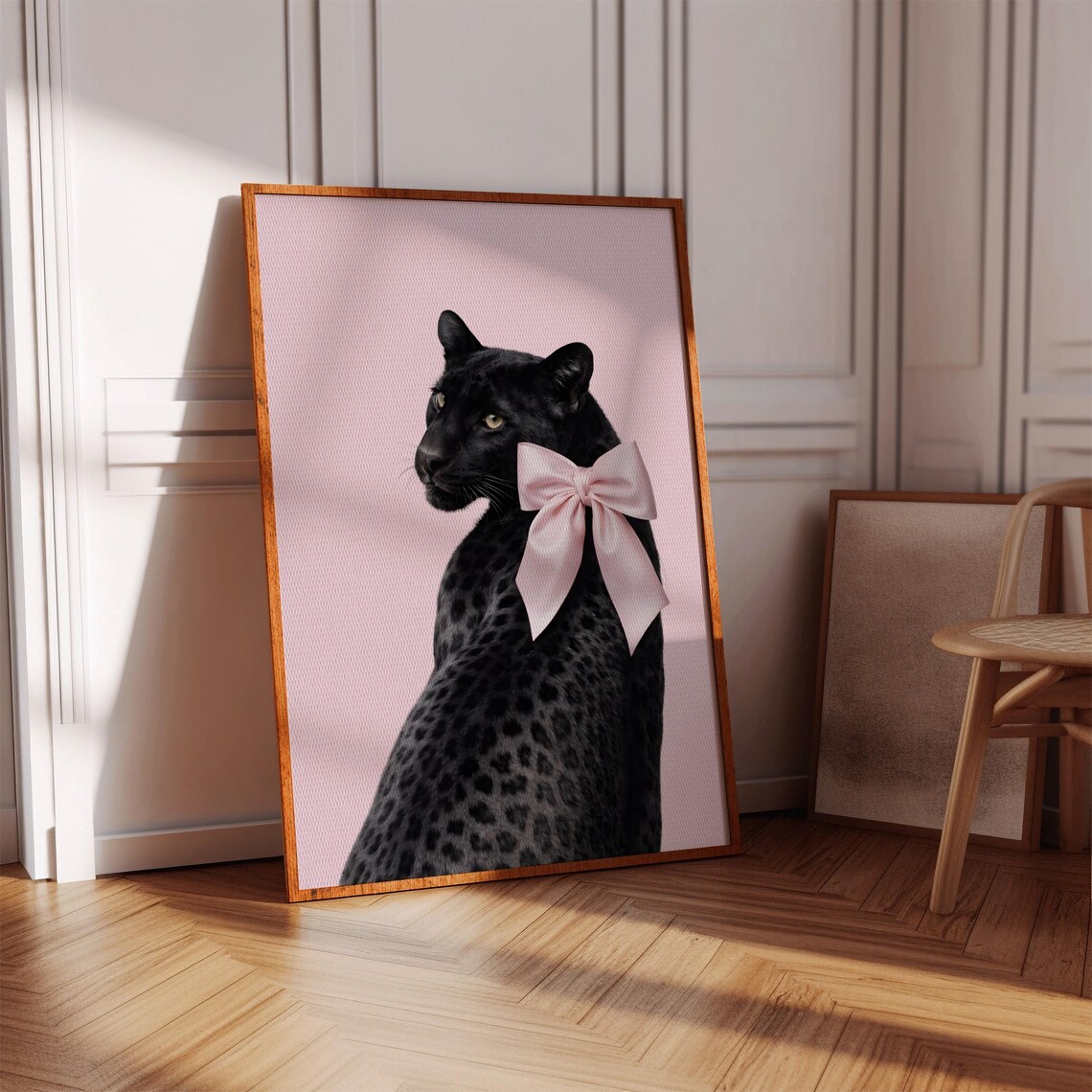 Black Panther With Pink Bow Girly Wildlife Portrait Cute Jungle Cat Poster