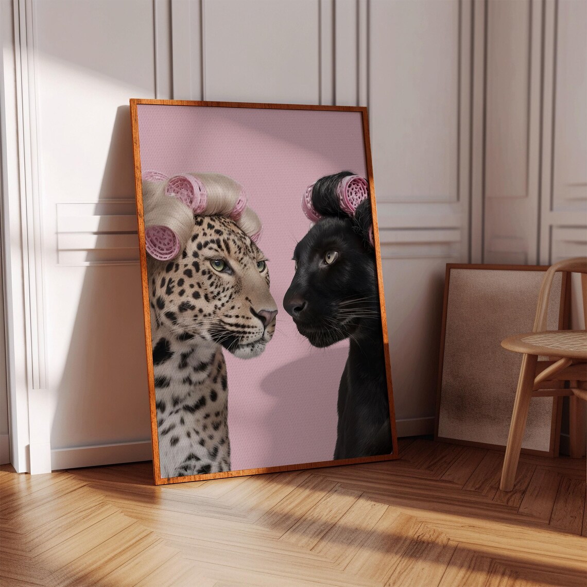 Leopard Panther Hair Curlers Pink Surreal Kitsch Maximalist Art Poster