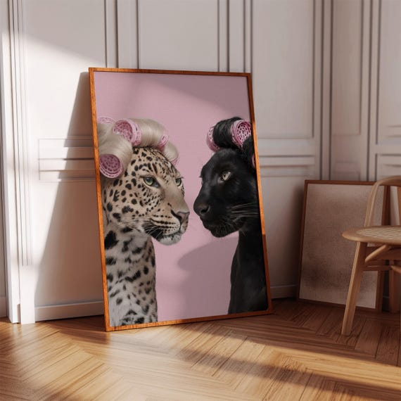 Leopard Panthers With Curlers Wall Art Pastel Pink Kitsch Decor Surreal Maximalist Digital Print