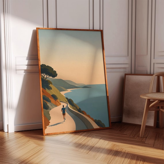 Coastal Runner Sunrise Minimalist Illustration Poster Landscape Art