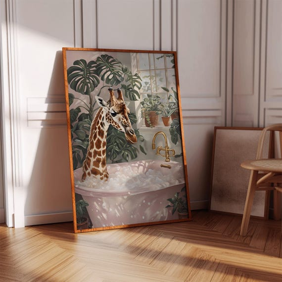 Giraffe In Bathtub Print Retro Bathroom Wall Art Digital Download
