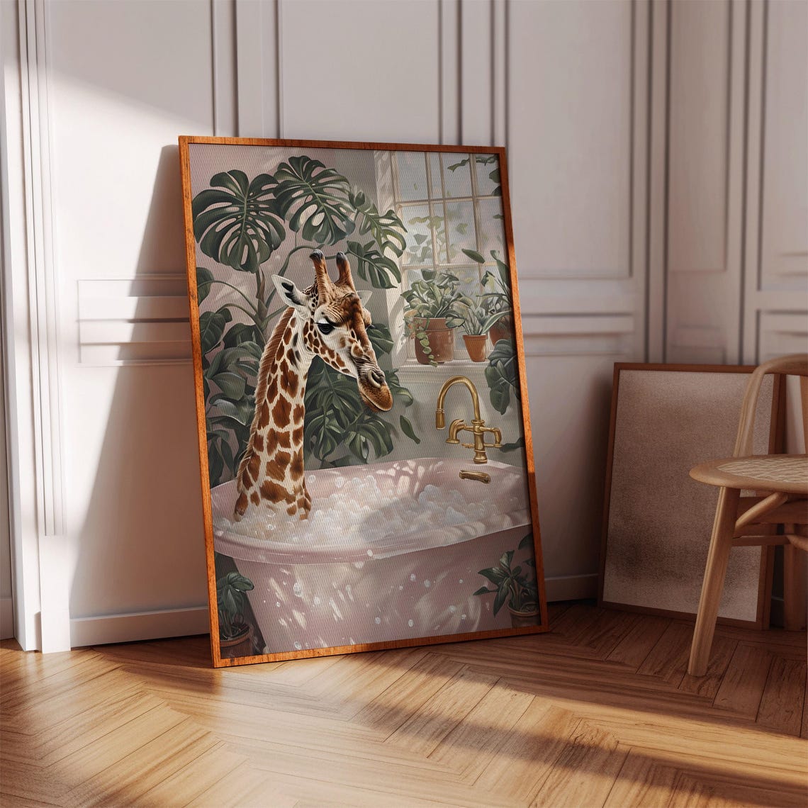 Giraffe in Bubble Bathtub Funny Bathroom Print Tropical Plant Decor