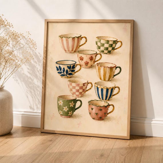 Vintage Coffee Cups Wall Art Kitchen Printable Cottagecore Decor Lover Gift