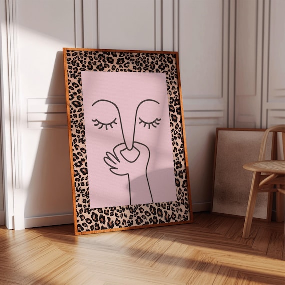Abstract Pink Woman Face Line Art Leopard Border Decor Poster