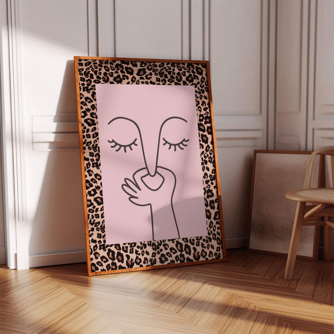 Abstract Pink Woman Face Line Art Leopard Border Decor Poster