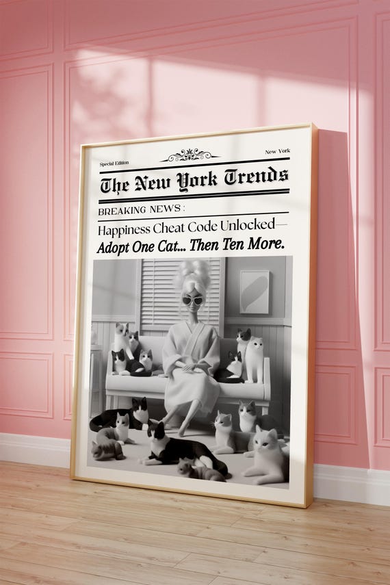 Trendy Newspaper Print Cat Lover Poster Retro Doll Wall Art Digital Download